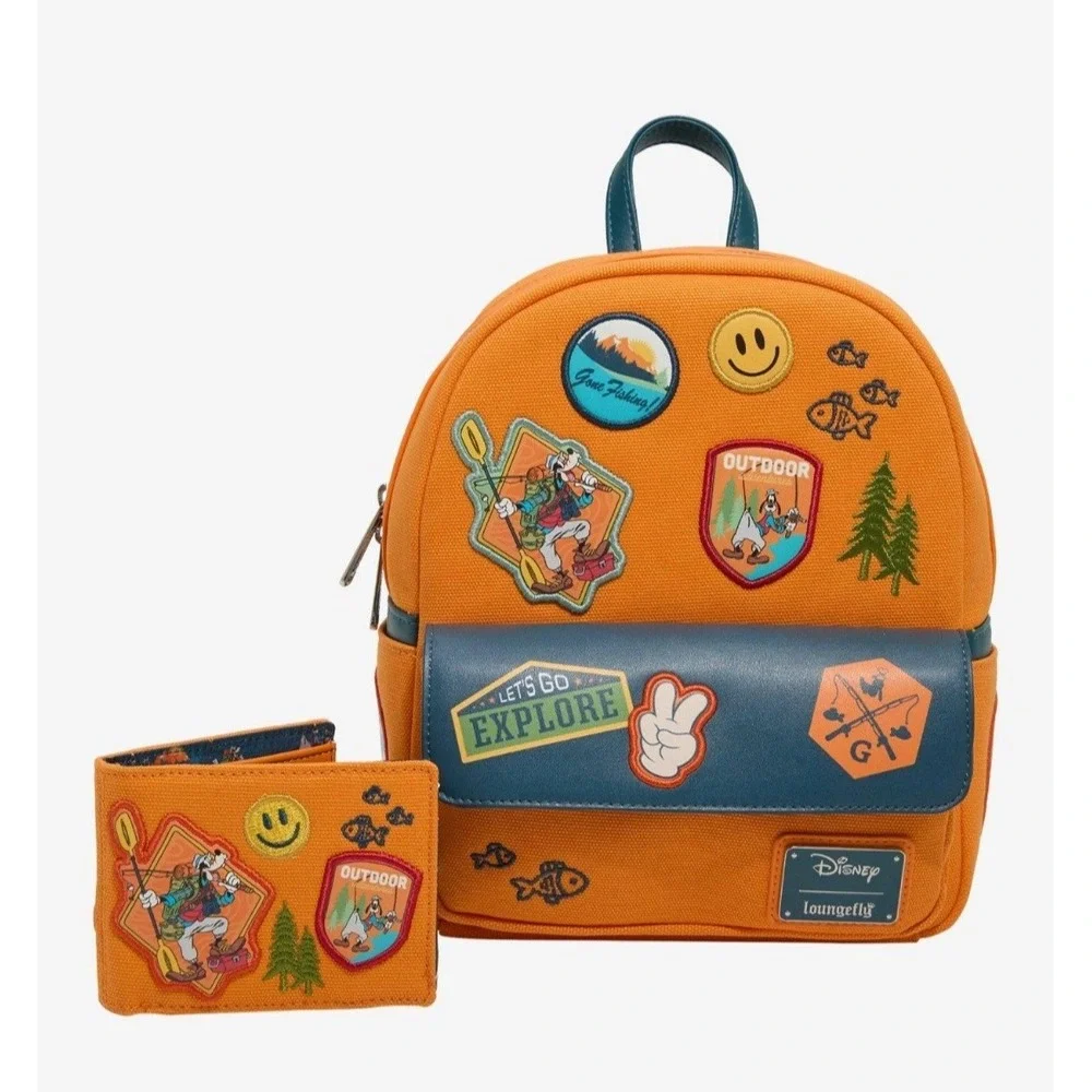 NEW! Loungefly Disney A Goofy Movie Camping Patches Backpack & Matching‎ WALLET!